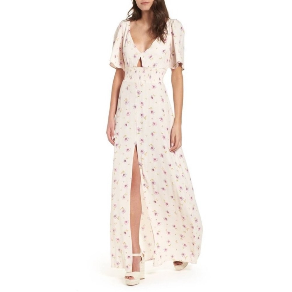 AFRM Womens Floral Pink TUSCANY Flutter Short Sleeve Front Slit Maxi Dress S